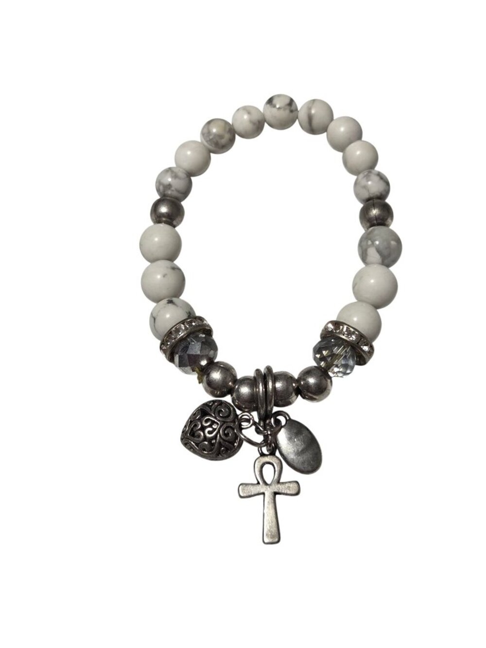 Handcrafted White Howlite Beaded Charm Bracelet Cross Heart Religious Jewelry